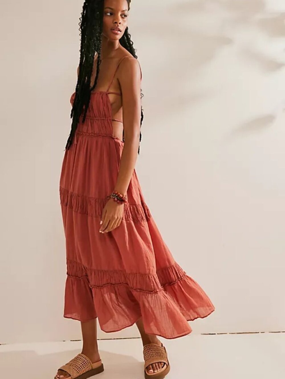 Free People Taking Sides Maxi Dress Tiered Aged Red color Size L